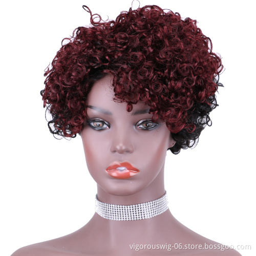 Vigorous Top Quality Ombre Black Roots To Red Afro Kinky Curly Wigs for Black Women Short Side Part Human Hair Wholesale Price
